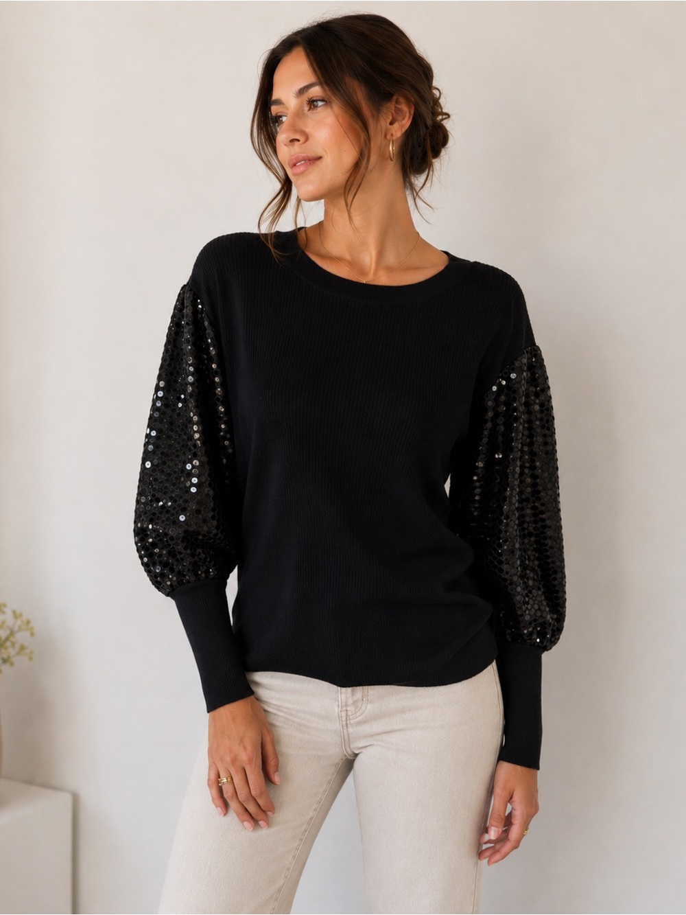 Elegant Black Sequin Sleeve Top -Sz. M  NWT